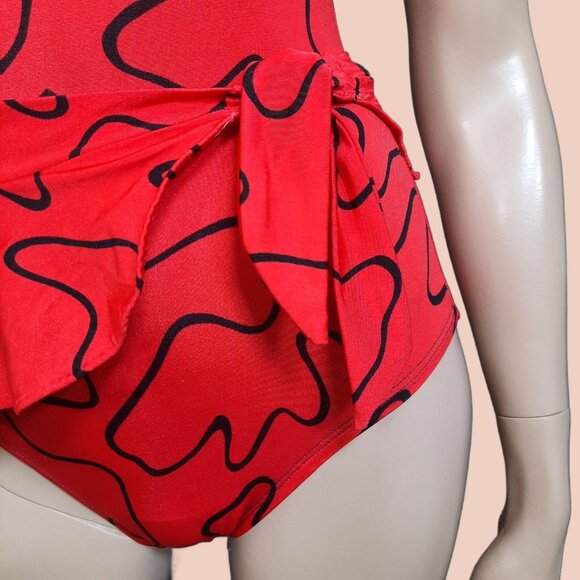 Vintage 80s Cole Of California Swimsuit Womens M Red Abstract Print Side Tie - Picture 2 of 11
